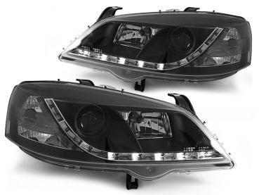 Scheinwerfer LED Tagfahrlicht Optik für Opel Astra G Bj. 98-05 Schwarz